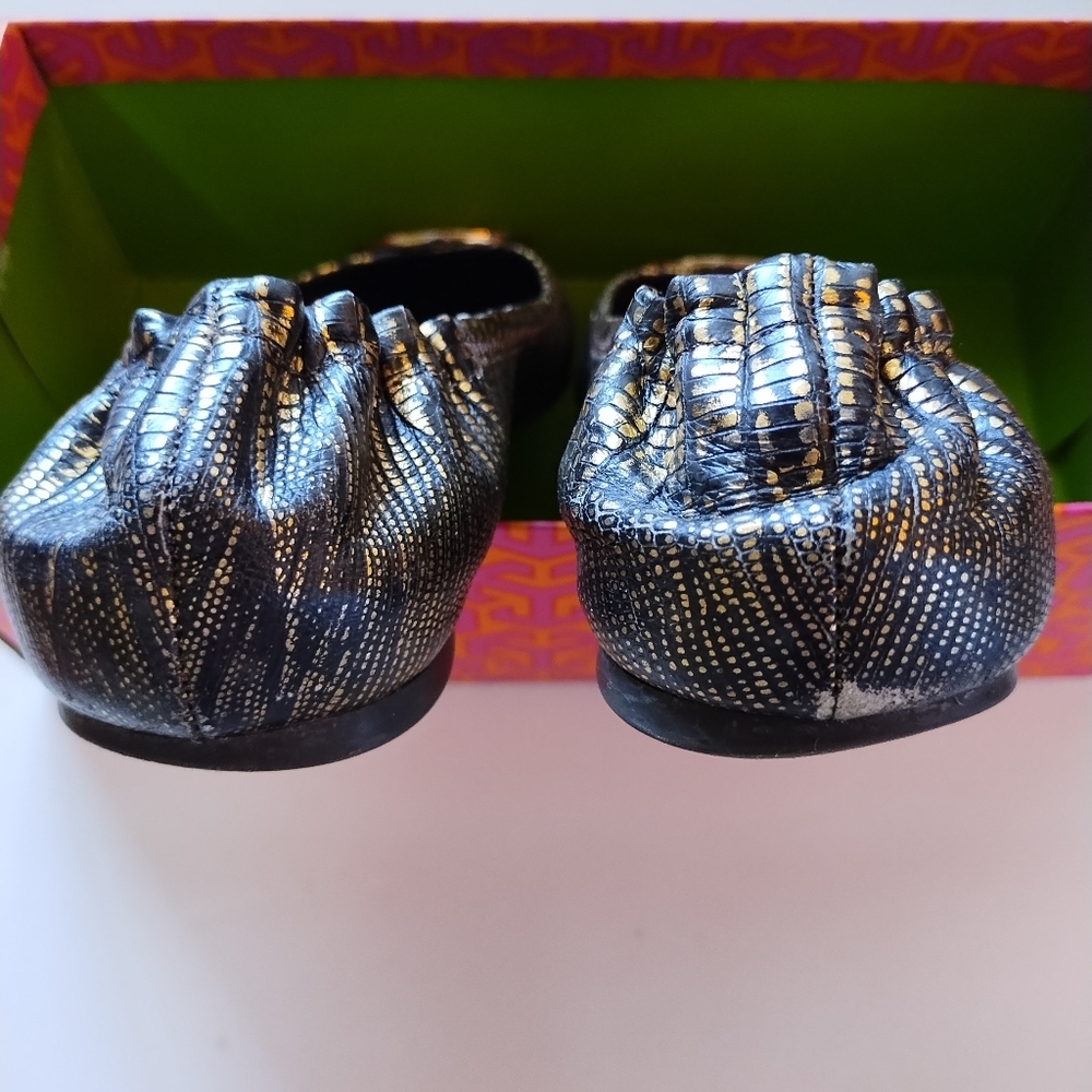 Tory Burch Gold/Bronze Reva Metallic Lizard Reva Ballet Flat Metal Logo Size 8.5 - Picture 14 of 15